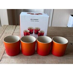 Le Creuset Stoneware Set of 4 12 oz 350 ml Coffee Mugs Flame Orange NEW